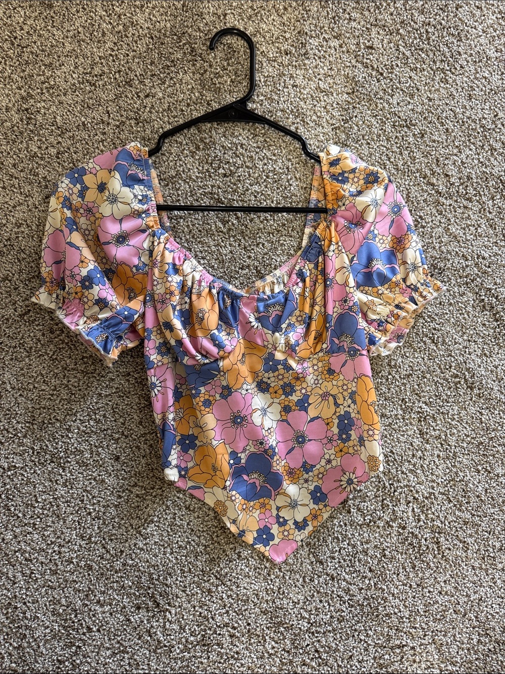 Floral Puff-Sleeve Crop Top in Pink, Blue & Yellow